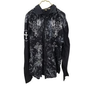 Y2K Victorious Affliction Style Cross Long‎ Sleeve Button Up Jersey Shore 2X